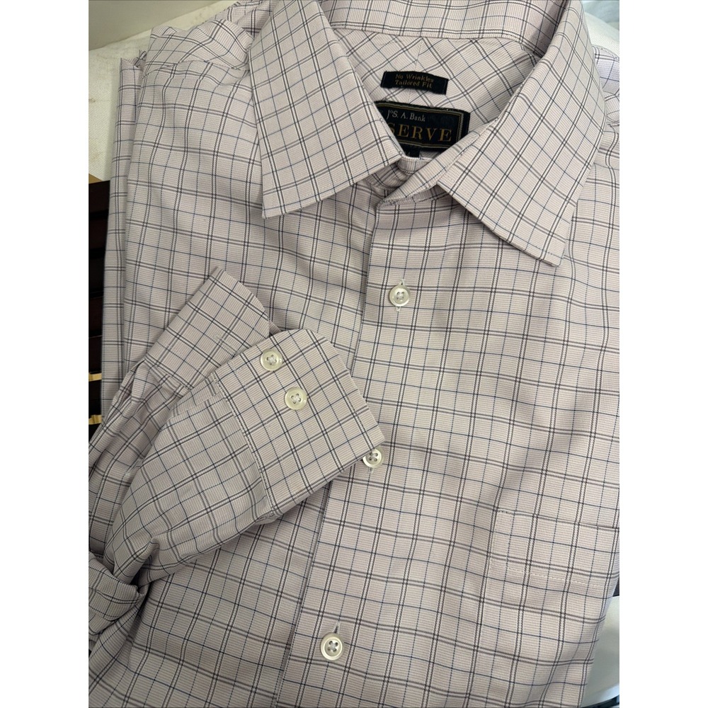Jos A Bank Reserve Shirt Men 18-34 Fit Pink Plaid LS Egyptian Cotton Dress Shirt